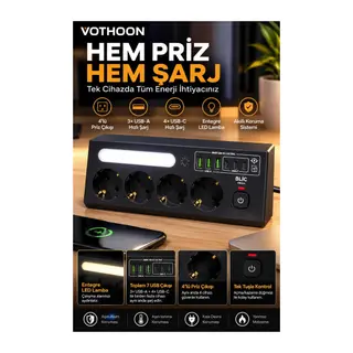 Çoklu Gece Lambalı Üçgen Priz Akım Korumalı 4’lü Priz 3xusb 3xtype-c Çıkışlı Grup Priz Siyah