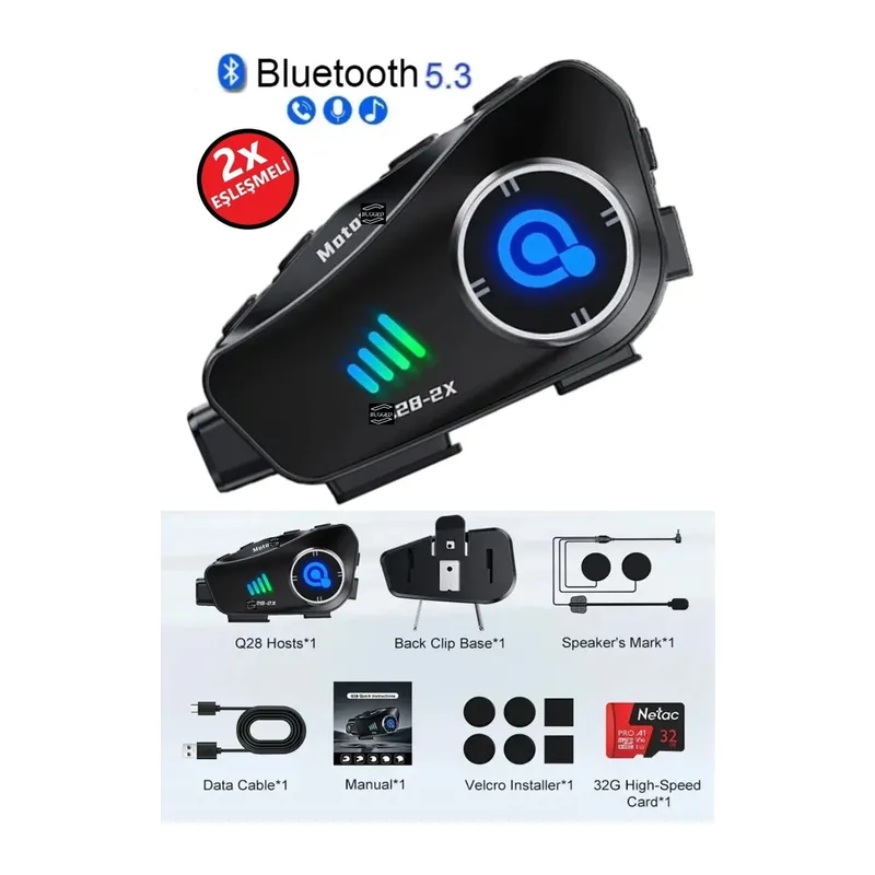 Q28 2x 2 Eşleşmeli Motosiklet Kask Bluetooth Kulaklık 1080p Kamera Su Geçirmez Intercom