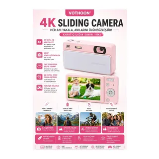 Dijital Kamera 4k Hd 48mp 8x Zoom Flaşlı Kayar Retro Video Kamera 2.4’’ Ekran 64gb Sd Kart Hediyeli Pembe
