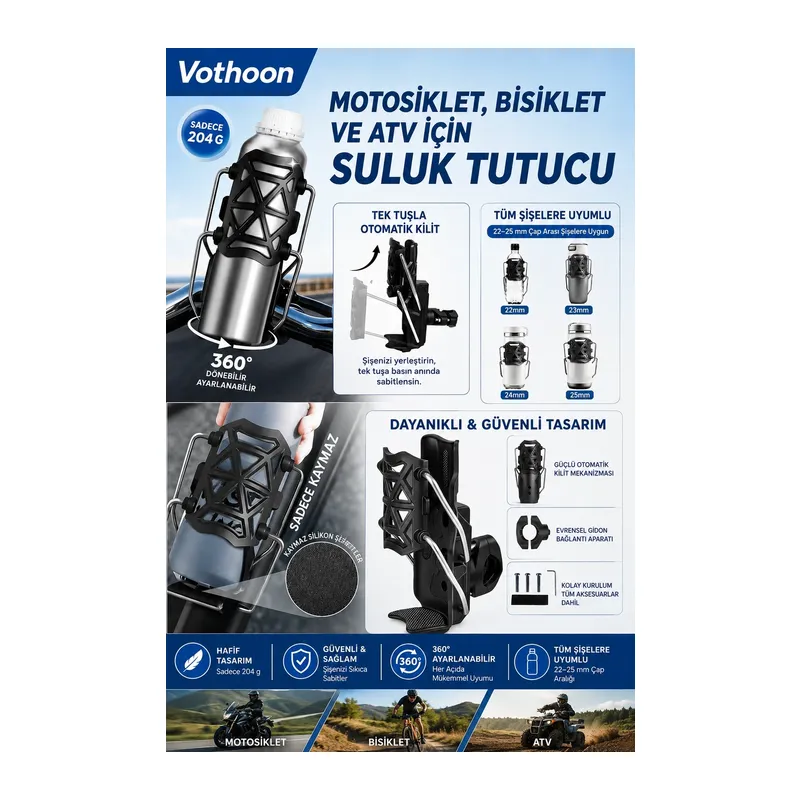 Bisiklet Motosiklet Atv Ve Scooter Uyumlu Matara Suluk Tutucu Gidon Bağlantılı Esnek Gövdeli Şişe Aparatı
