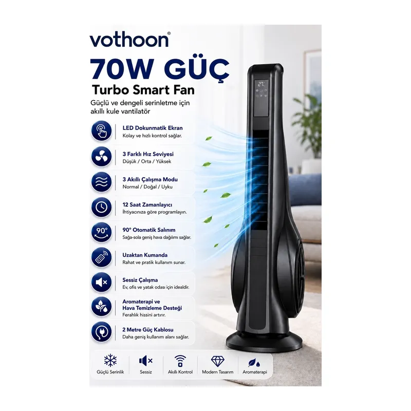 Turbo Smart Akıllı Fan Led Ekranlı Kumandalı 90° Hareketli Serinletici Soğutucu Kule Tipi Vantilatör