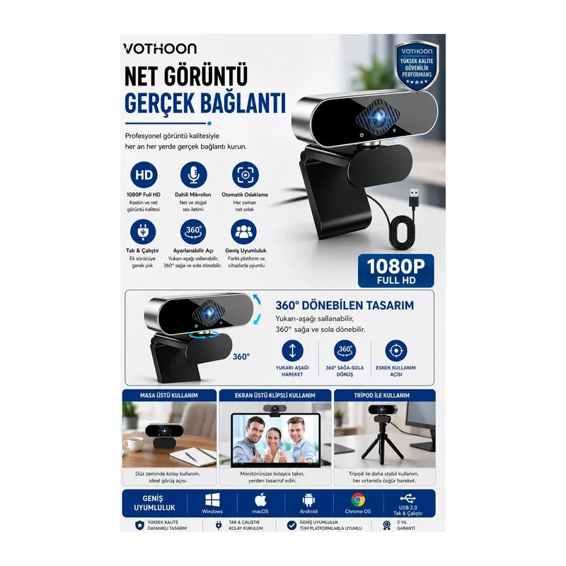 Webcam Orjınal 1080p Hd Konferans Kamera Dahili Mikrofon Görüntülü Sohbet Yayın Kamerası Hd Video Ae-104