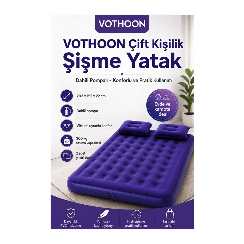 Çift Kişilik Şişme Yatak Dahili Pompalı 203x152x22 Cm 2 Yastıklı