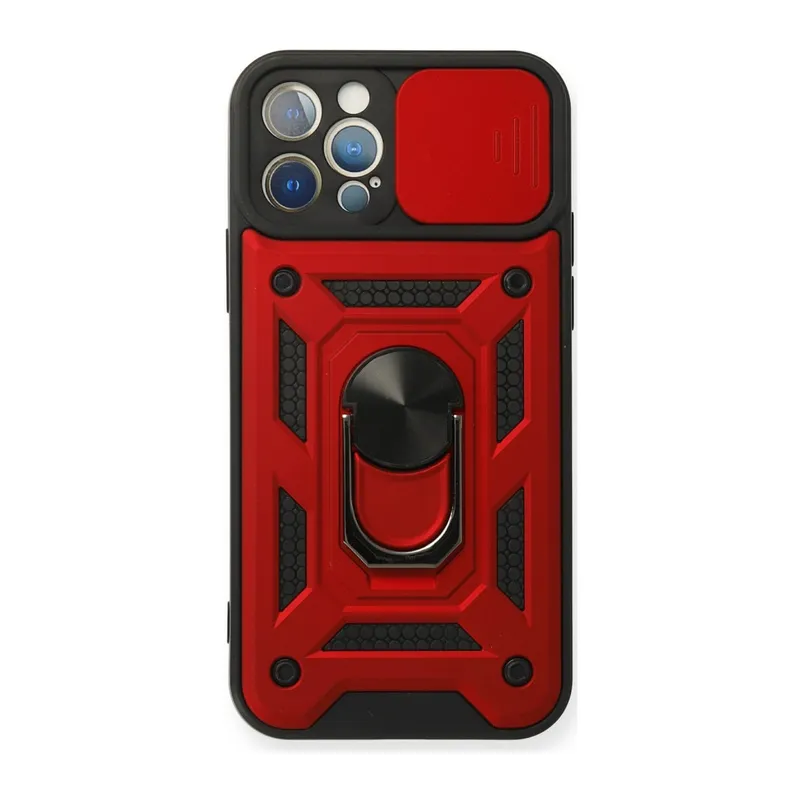 İphone 12 Pro Kılıf Pars Lens Yüzüklü Silikon - Kırmızı
