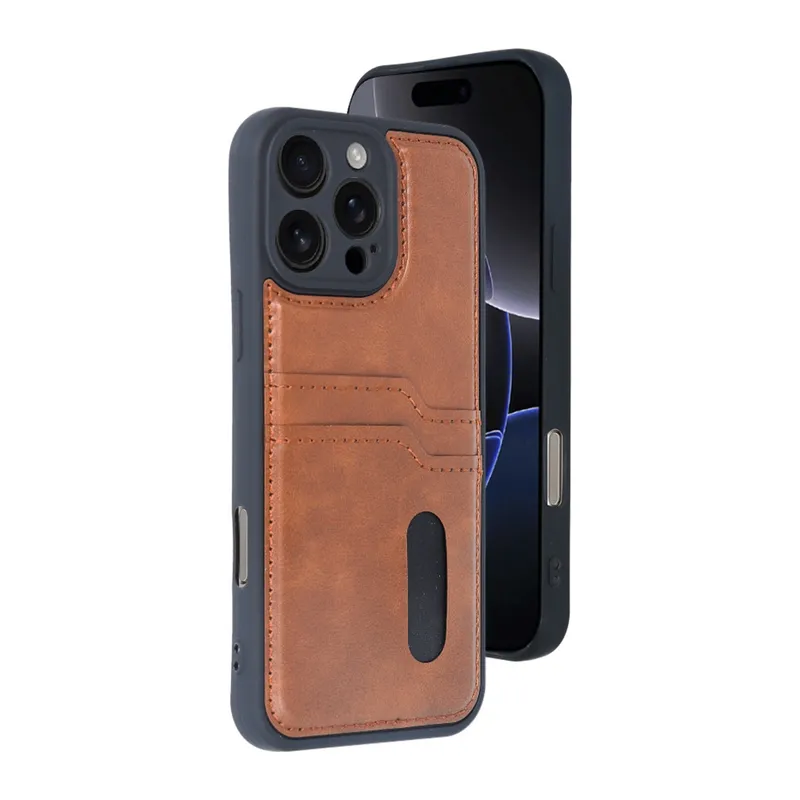 İphone 16 Pro Kılıf Sara Kartvizitli Deri Kılıf - Taba