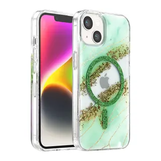 Onegif İphone 14 Lotus Simli Magsafe Kapak - Yeşil