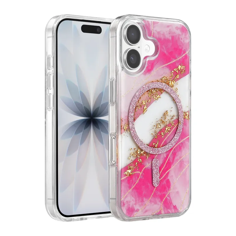 Onegif İphone 16 Lotus Simli Magsafe Kapak - Pembe