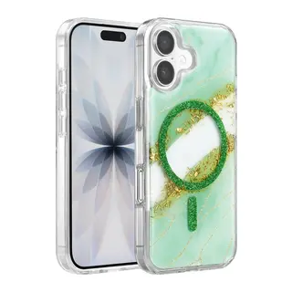 Onegif İphone 16 Lotus Simli Magsafe Kapak - Yeşil