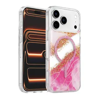 Onegif İphone 17 Pro Max/18 Pro Max Lotus Simli Magsafe Kapak - Pembe