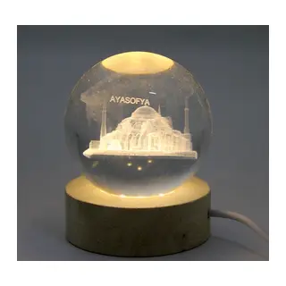 3d Kristal Cam Küre Ahşap Soketli İstanbul Temalı Led Lamba Alk2573