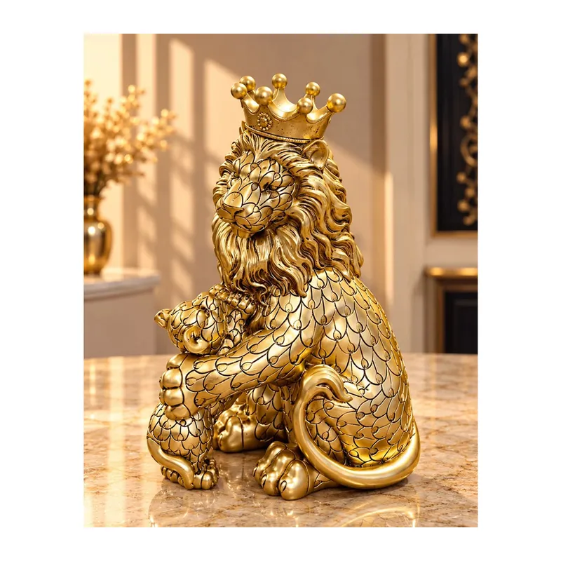 Polyester Taçlı Yavrulu Aslan Figürü Alk6364