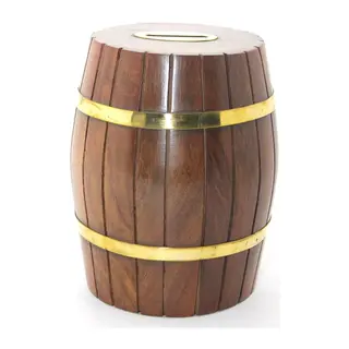 Pirinç Ahşap Fıçı Kumbara 15 Cm Wb538