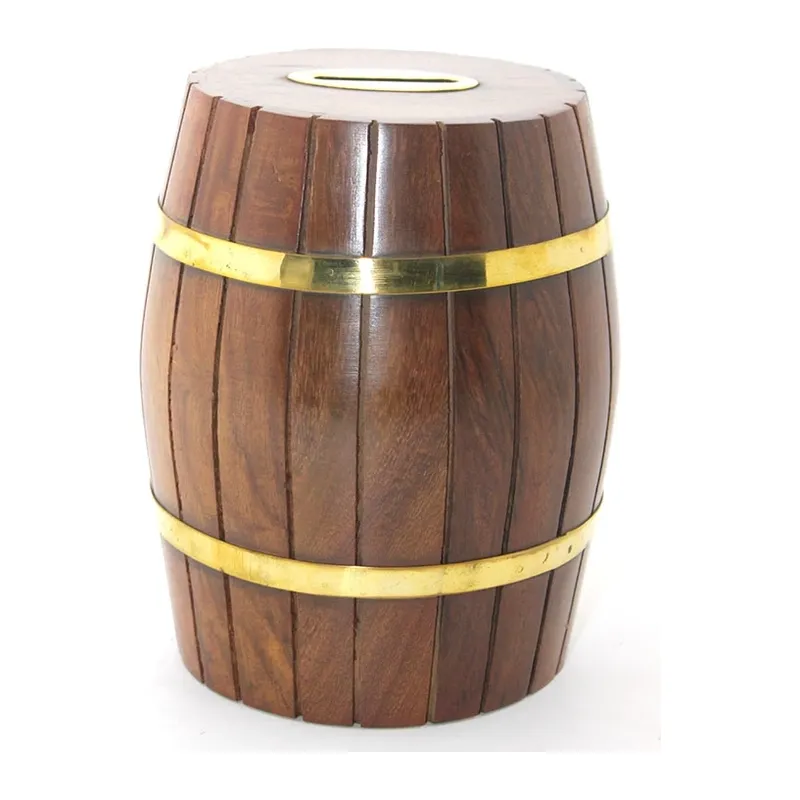 Pirinç Ahşap Fıçı Kumbara 15 Cm Wb538
