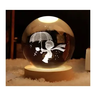 Dekoratif Küçük Prens Tasarımlı Ahşap Altlıklı Işıklı Cam Küre Büyük Boy Cam:8cm Ahşap:2cm