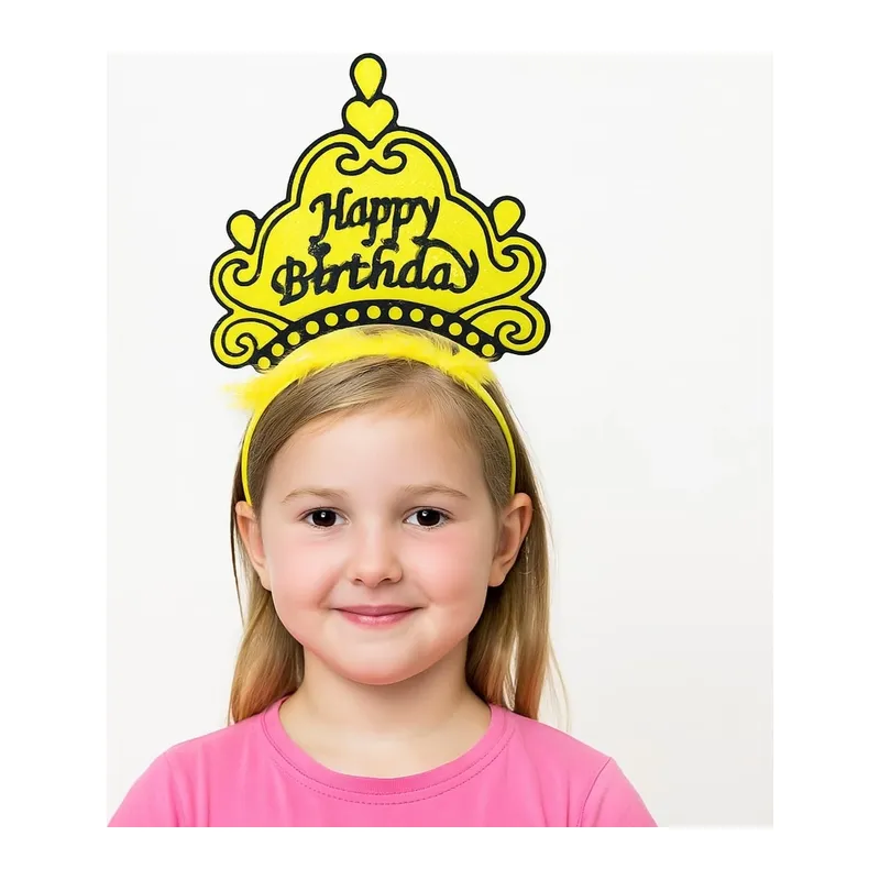 Sarı Happy Birthday Prenses Tacı – Doğum Günü Taç Aksesuarı