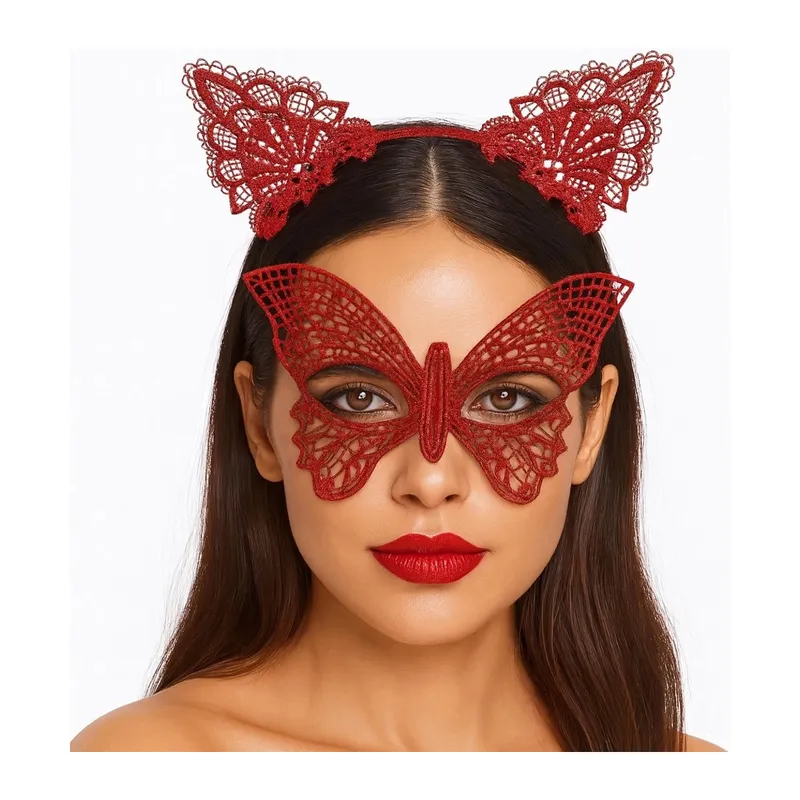 Gösterişli Kırmızı Dantel Maske Ve Taç Seti 7 No – Masquerade Ve Davetler İçin