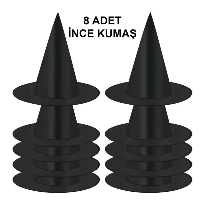 8 Adet Siyah Cadı Şapkası – Yetişkin & Çocuk Kostüm Aksesuarı