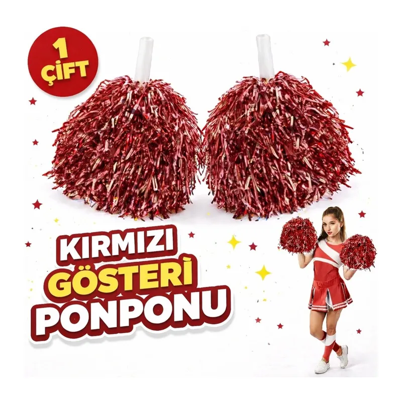 1 Çift (2 Adet) Kırmızı Renk 23 Nisan 19 Mayıs 29 Ekim Okul Gösteri Ponponları Ekstra Dolgun
