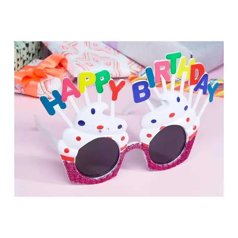 Happy Birthday Yazılı Beyaz Fuşya Renk Beyaz Pastalı Parti Gözlüğü 12x7 Cm