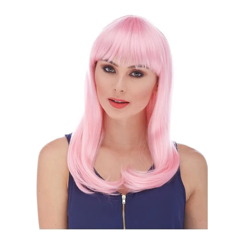 Soft Pembe Renk Uzun Düz Parti Peruğu