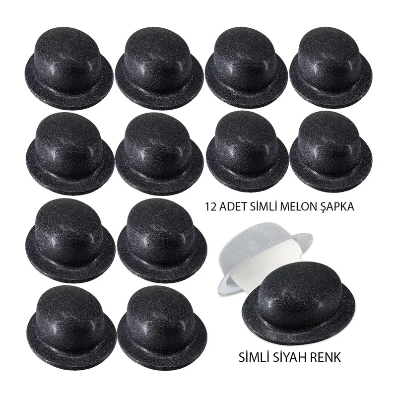 Siyah Renk Simli Melon Yuvarlak Parti Şapkası 12 Adet
