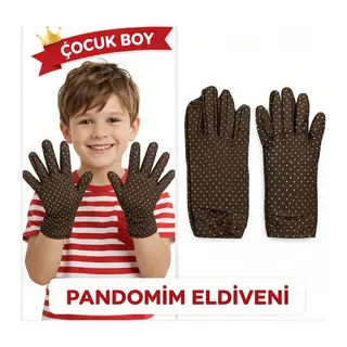Çocuk Boy Pandomim Eldiveni Beyaz Puantiyeli Kahve Renk Gösteri Eldiveni 23 Nisan 19 Mayıs