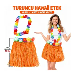 Hawaii Luau Aloha Turuncu Püsküllü 40 Cm Etek Ve Hawaii Kolye Seti