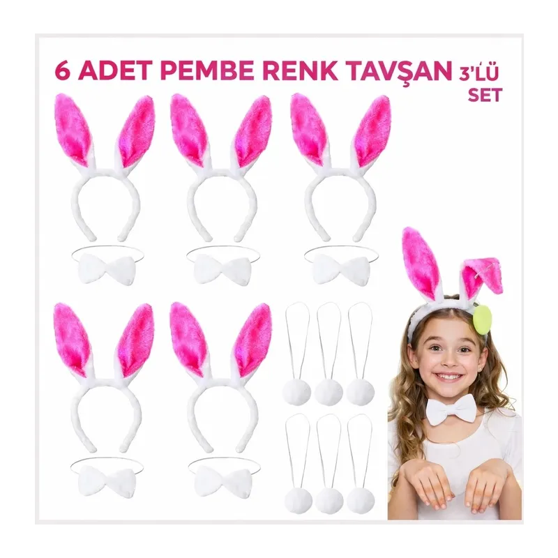 Şeker Pembesi Tavşan Sahne Seti 6'lı Set Taç Papyon Kuyruk