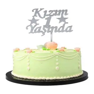 Kızım 1 Yaşında İlk Yaş Doğum Günü Partisi Pleksi Pasta Süsü Gümüş Renk