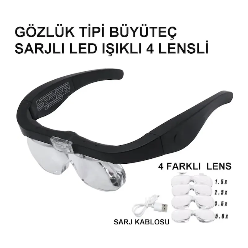 Şarjlı Gözlük Büyüteç 4 Farklı Lens 11537dc