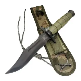 0698 Haki Komando Bıçağı 30cm - Testere Detaylı, Oluklu, Kılıflı