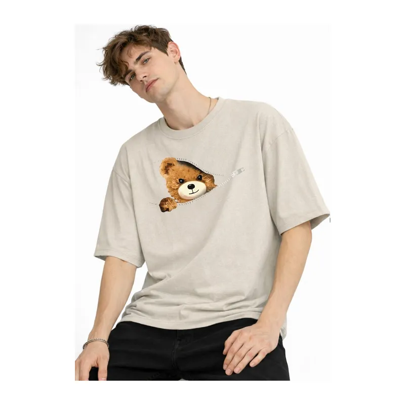 MN - Bear Baskılı Oversize Tişört BEJ