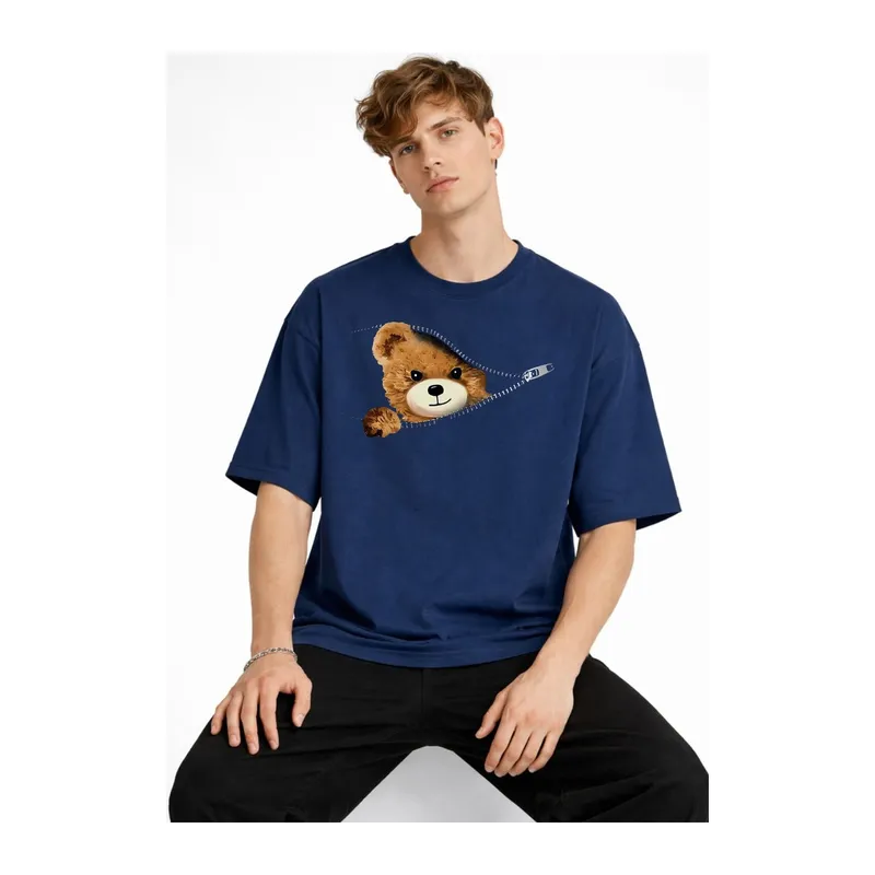 MN - Bear Baskılı Oversize Tişört LACIVERT