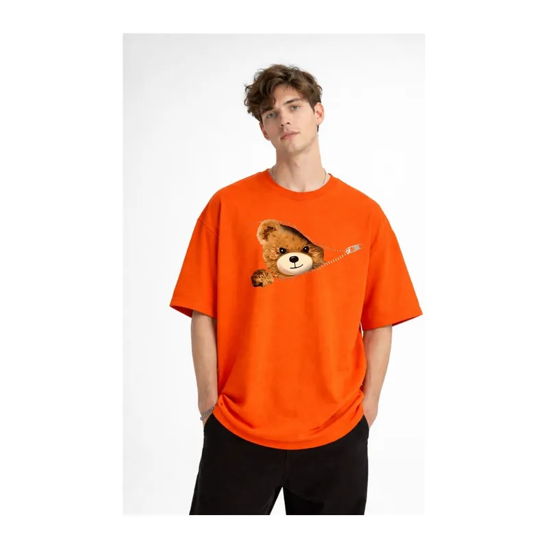 MN - Bear Baskılı Oversize Tişört TURUNCU