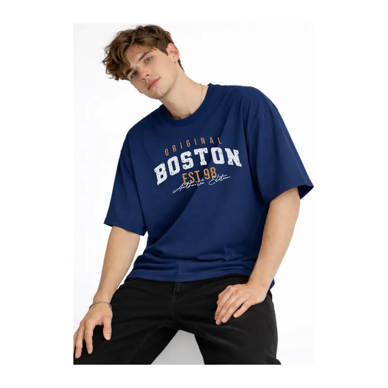Boston - Baskılı Oversize Tişört LACIVERT