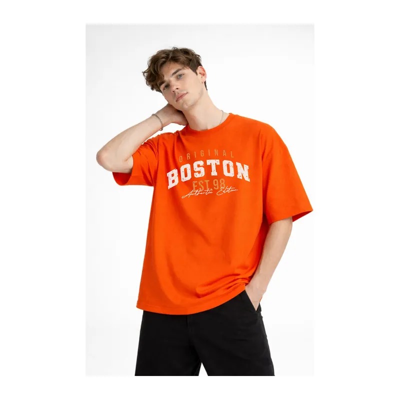 Boston - Baskılı Oversize Tişört TURUNCU
