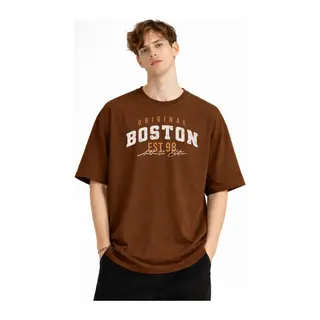 Boston - Baskılı Oversize Tişört KAHVE