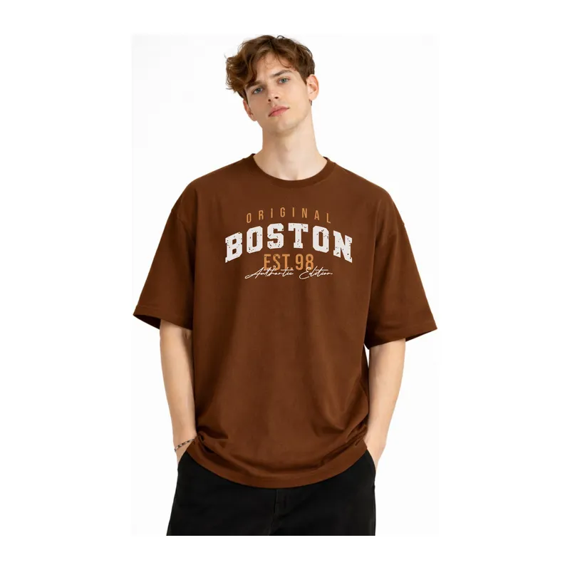 Boston - Baskılı Oversize Tişört KAHVE