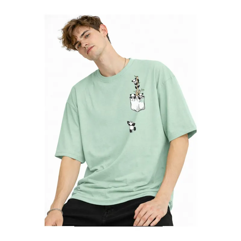 Panda - Baskılı Oversize Tişört SU YESILI