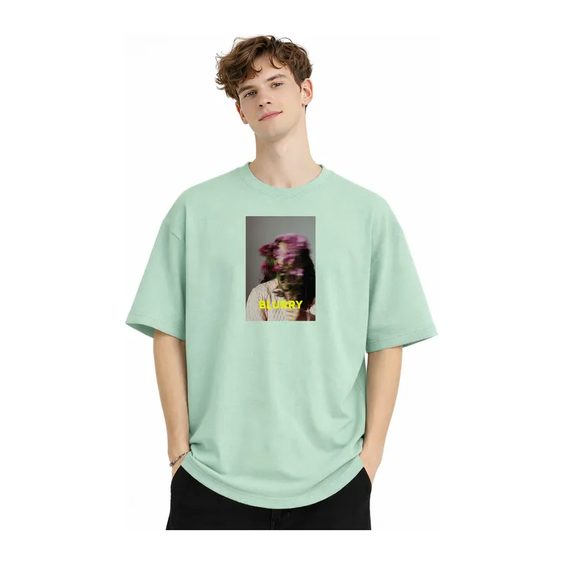 Blurry - Oversize Erkek Tişört SU YESILI