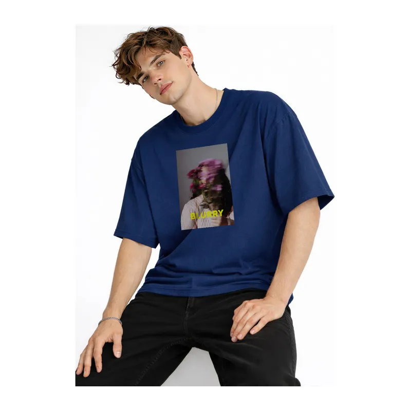 Blurry - Oversize Erkek Tişört Koyu Mavi
