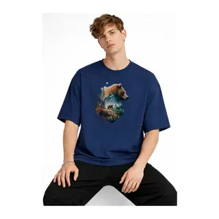 Bear2 - Oversize Tişört Koyu Mavi