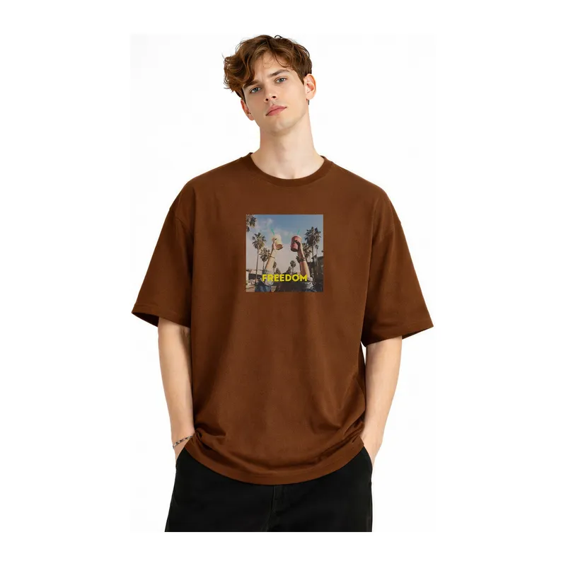 Freedom - Oversize Erkek Tişört KAHVE
