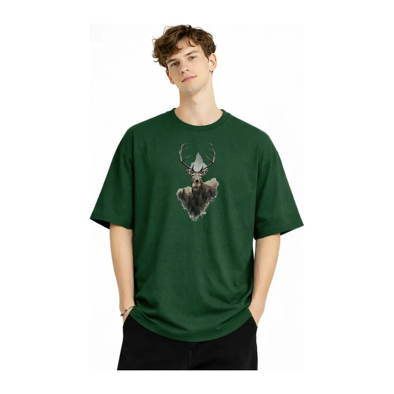 Deer - Oversize Erkek Tişört HAKI