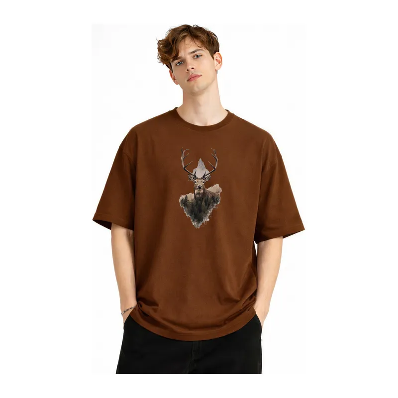 Deer - Oversize Erkek Tişört KAHVE