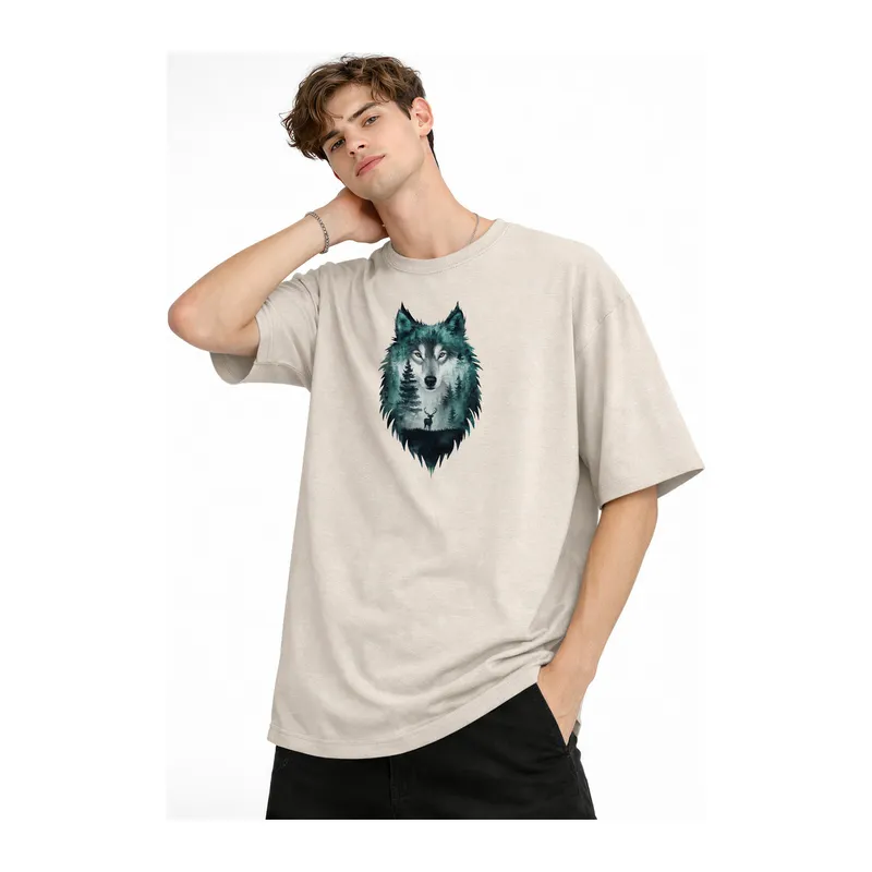 Wolf - Oversize Erkek Tişört BEJ