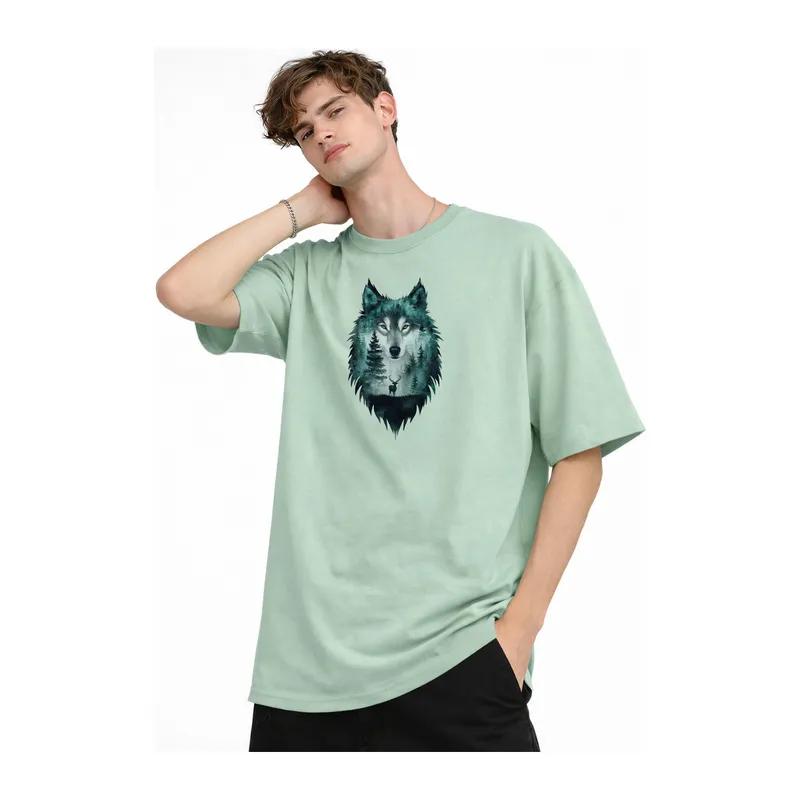 Wolf - Oversize Erkek Tişört SU YESILI