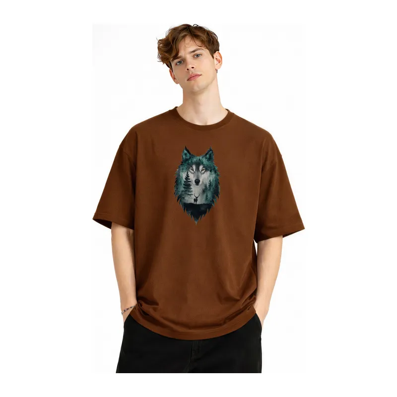 Wolf - Oversize Erkek Tişört KAHVE
