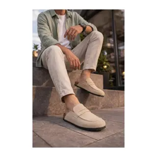 JY0456 Rayn Bağcıksız Hakiki Süet Deri Erkek Günlük Mantar Taban Loafer Klasik Ayakkabı HDMT - Krem