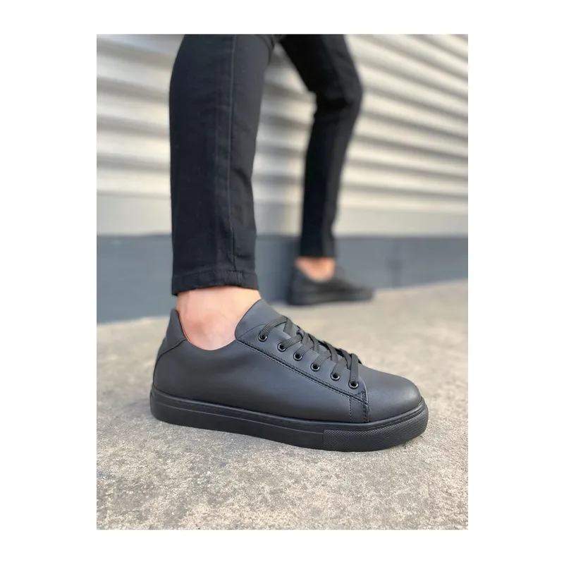 JY122 Mode Bağcıklı Cilt Erkek Günlük Sneaker Ayakkabı CST - Siyah